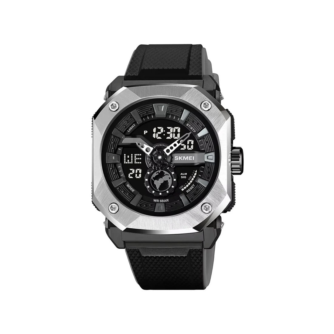 SKMEI 2272 Latest Dual Time Steel case TPU High Quality Digital  Wristwatch-Silver