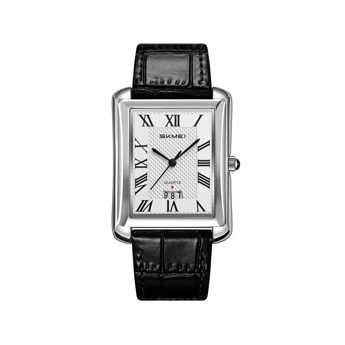 Skmei 2575 Men Quartz  Superior Genuine Leather Strap Waterproof Date Display Business Watch-Silver Black