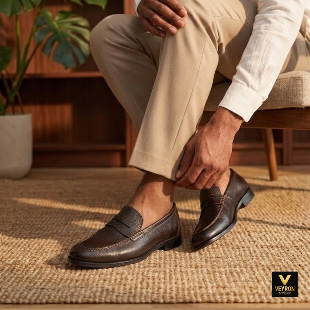 VEYRON Classic Dark Brown Textured Penny Loafers