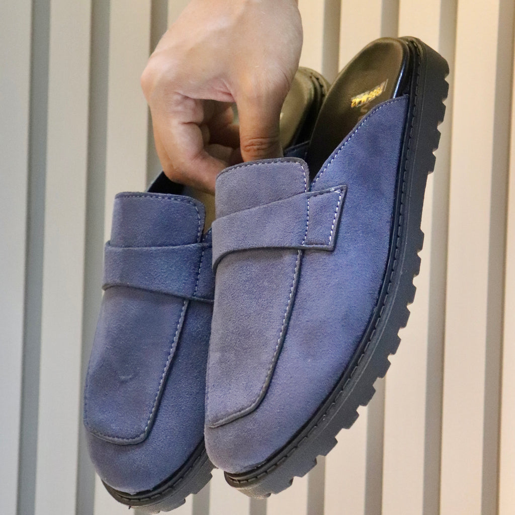 VEYRON Slate Blue Suede Mule Half Shoes with Chunky Lug Sole
