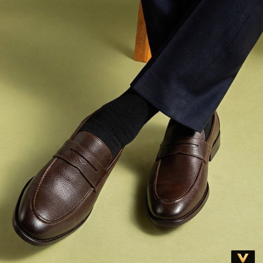 VEYRON Classic Dark Brown Textured Penny Loafers
