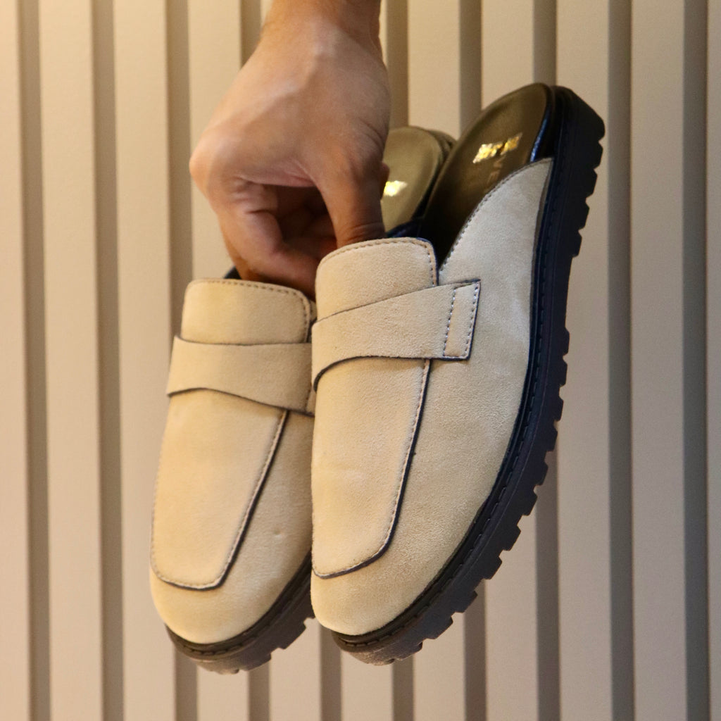 VEYRON Beige Suede Mule Half Shoes with Chunky Lug Sole