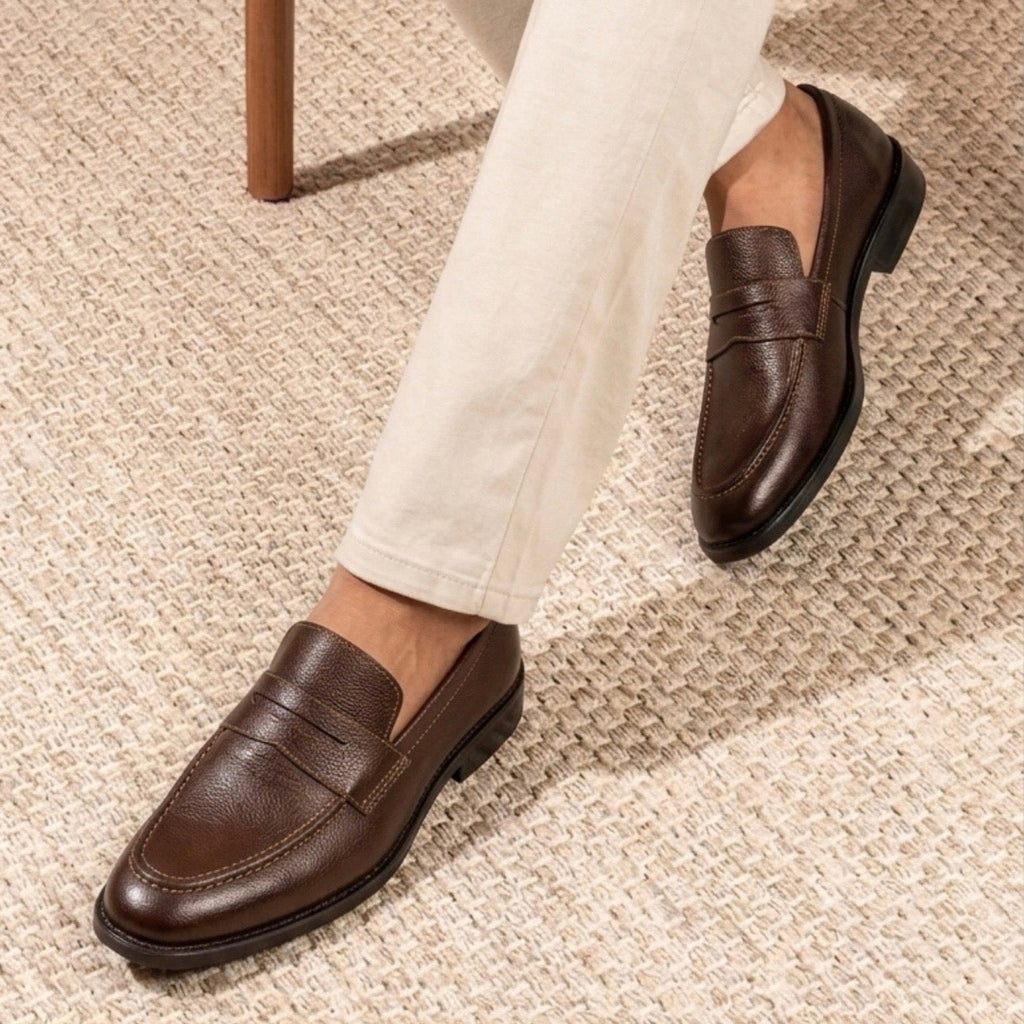 VEYRON Classic Dark Brown Textured Penny Loafers