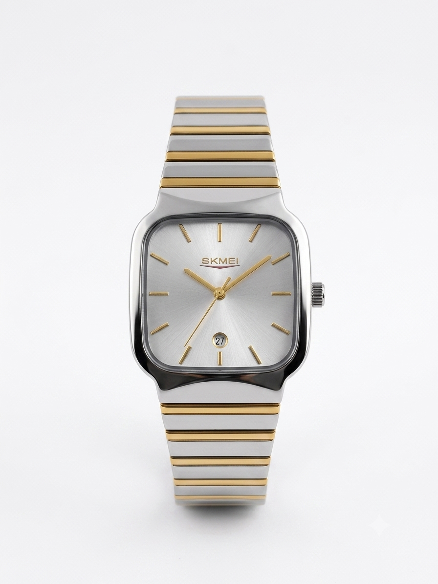SKMEI 9361 Square Fashion Business Men's Water Resistant Luxury Quartz Watch-Silver Gold Silver