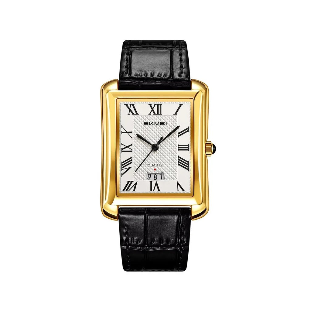 Skmei 2575 Men Quartz  Superior Genuine Leather Strap Waterproof Date Display Business Watch-Gold Black